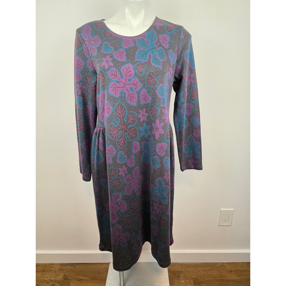 Gudrun Sjoden Organic Cotton Modal Floral Leaf Midi Dress Purple Teal Medium